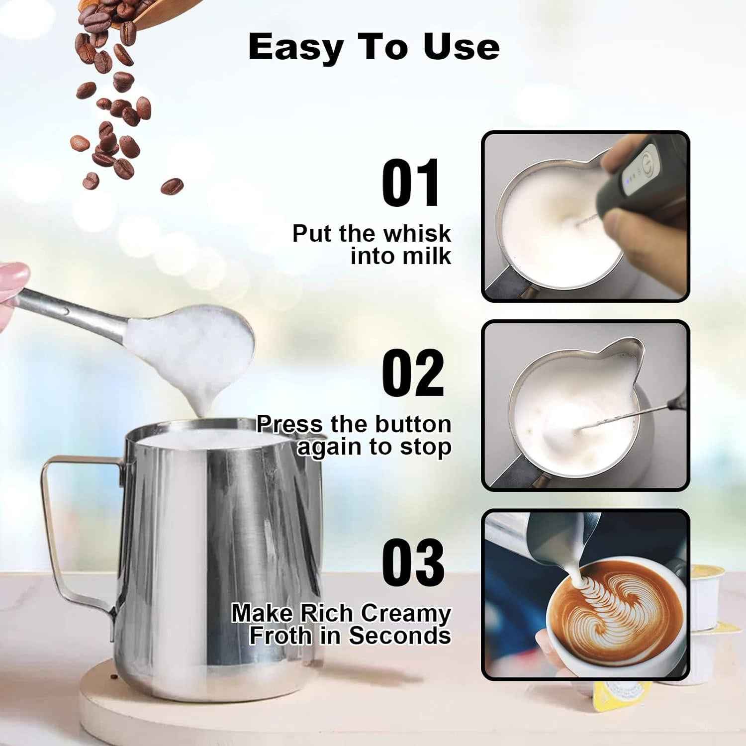 2-in-1 Electric Milk Frother & Beater One Click for Perfect Baking