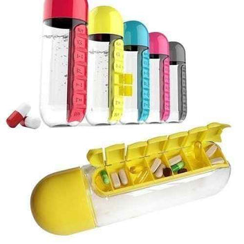 600ml Water Bottle with Pill Organizer - 7 Days Reusable Drinking Container