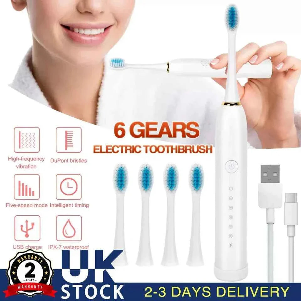 Sonic Electric Toothbrush Rechargeable With 4 Brushes Head 6 Modes USB Brush