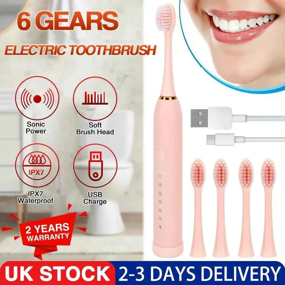 Sonic Electric Toothbrush Rechargeable With 4 Brushes Head 6 Modes USB Brush